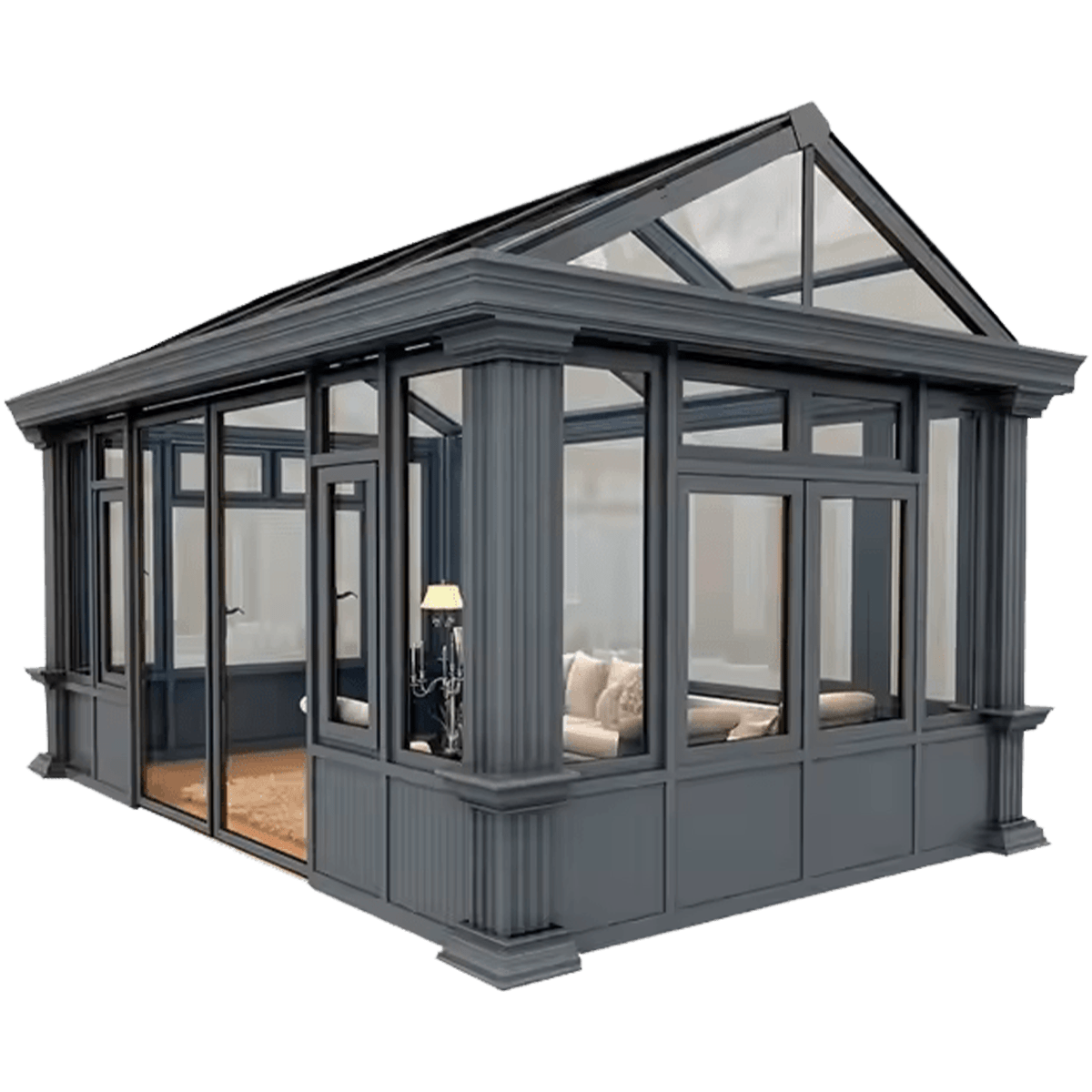 Modern winter garden structure with aluminum frame and glass panels