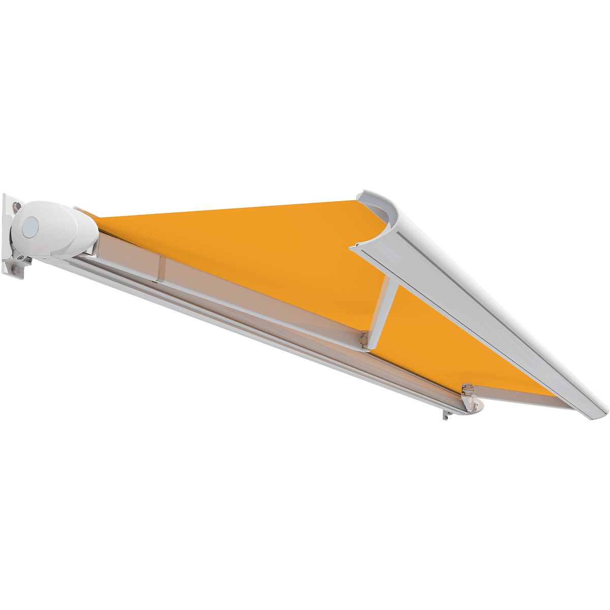 Cassette awning with hidden arms and compact housing design